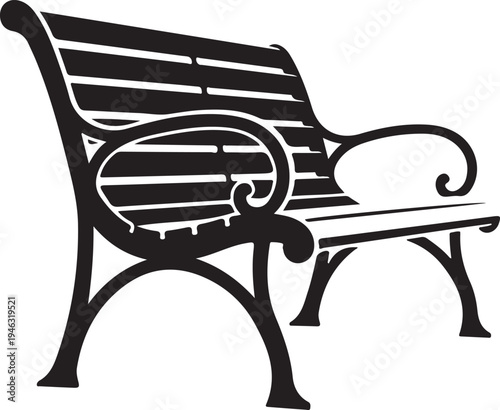 Black silhouette of a classic park bench with armrests  outdoor furniture