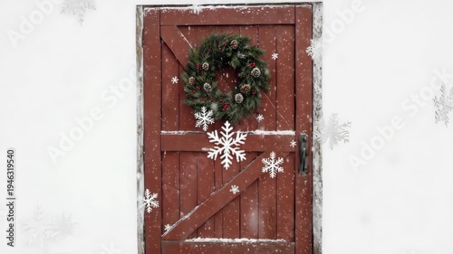 Rustic Red Barn Door Decorated for Winter Holidays with Wreath and Snowflakes.