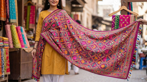 A woman browsing traditional clothing in a colorful cultural store