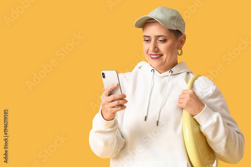 Happy mature blonde woman w...