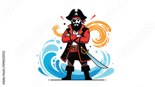 Brave pirate captain character standing with arms crossed and a sword at his waist against a background of ocean waves.