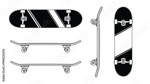 Comprehensive set of five skateboard illustrations showing the top bottom side and angled views on a white background.