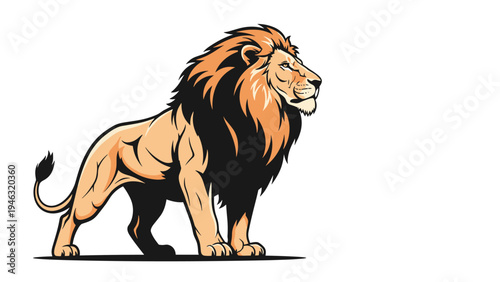 Majestic illustration of a powerful adult male lion with a large mane standing proudly and looking towards the side.