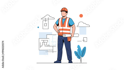 Professional construction worker in a safety vest and hard hat holding architectural plans against a stylized background.