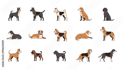 Large collection of fifteen diverse dog illustrations in various breeds and positions including sitting standing and lying down.