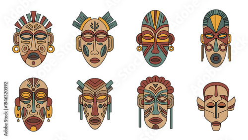 Collection of eight diverse ethnic tribal masks with intricate geometric patterns and earthy tones on white background.