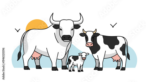 Farm animal family including a large white bull a spotted cow and a small calf standing together on a landscape background.