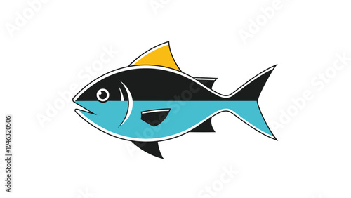 Stylized illustration of a tuna fish with a black upper body, a bright yellow dorsal fin, and a vibrant turquoise lower section on white.