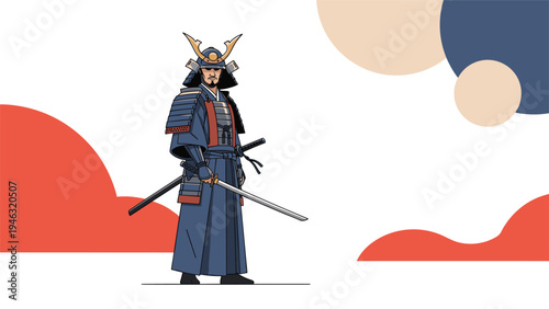Japanese samurai warrior standing in traditional blue and red armor holding a katana sword against a background of abstract colorful circles.