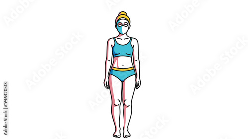 Full-body illustration of a woman in blue swimwear wearing a matching swimming cap and goggles, standing ready for a professional swim.