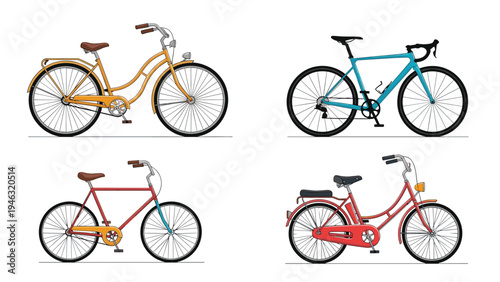Set of four different bicycle styles including a vintage cruiser, a modern road bike, a city commuter, and a retro bicycle with a basket.