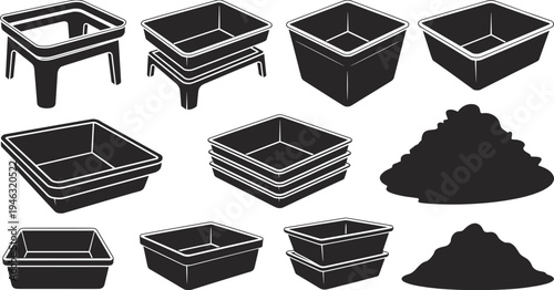 Construction mixing tubs set, plastic mortar containers collection, building material buckets illustration, masonry tools vector silhouette isolated design