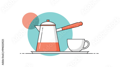 Minimalist line art illustration of a traditional coffee pot and a white ceramic cup on a tray, set against a background of circular shapes.
