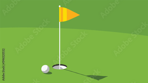 Close-up view of a white golf ball resting on a green putting surface near a hole with a yellow and orange striped flag waving in the wind.