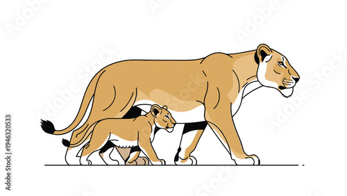 Profile view of a mother lioness walking gracefully with her small cub following closely by her side in a simple line art style on white background.