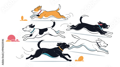 Dynamic illustration of several dogs of different breeds and colors running together in the same direction across a white background with dots.