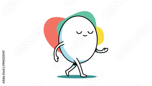 Minimalist character illustration of a walking egg with a peaceful face and limbs, set against abstract red, green, and yellow background shapes.