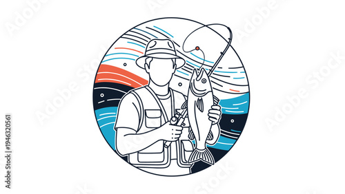 Line art illustration of a fisherman in a hat and vest proudly holding a large fish he caught, set within a circular frame with wave patterns.