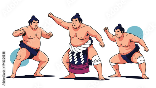 Group of three sumo wrestlers in traditional mawashi belts and topknot hairstyles performing different ceremonial and fighting stances in Japan.