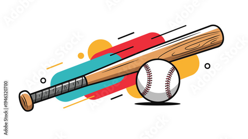 Baseball bat and white ball on a colorful abstract background with geometric shapes and motion lines representing sports and competitive play.