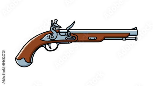 Antique flintlock pistol with a wooden handle and metallic barrel isolated on a white background for history, weapon, and military concepts.