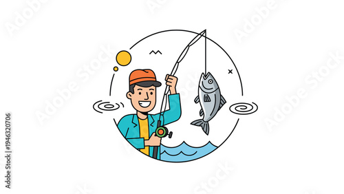 Smiling fisherman catching a large fish in a circular frame with sea waves and sun elements for outdoor leisure and sport fishing themes.