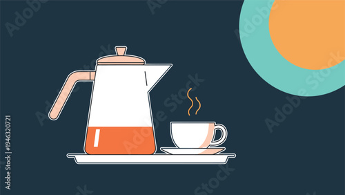 Elegant white tea or coffee pot with an orange liquid inside served with a steaming cup on a tray over a dark background with sun element.
