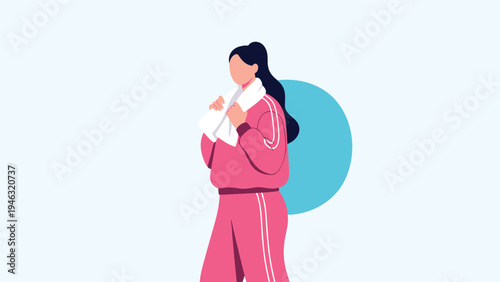 Young woman in a pink tracksuit with a white towel around her neck standing against a blue circle background after a fitness workout session.