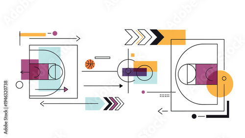 Abstract basketball court diagram with geometric shapes, arrows, and ball icons depicting sports strategy, play tactics, and game planning.