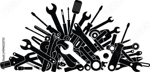 Hand tools collection silhouette, mechanic repair equipment set, workshop maintenance instruments illustration, industrial toolkit vector isolated design