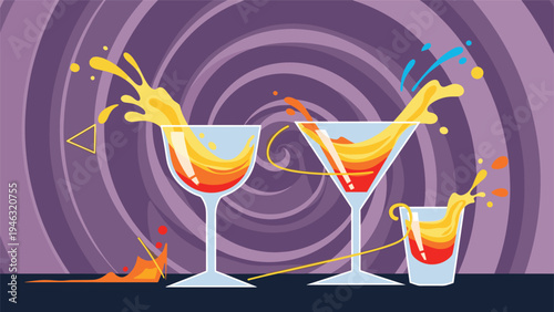 Three colorful cocktail glasses with splashing orange liquid and bubbles against a purple spiral background for party and nightlife themes.