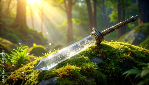 A sword lies on a mossy rock in a sunlit forest