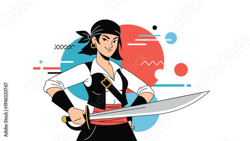 Strong female pirate character holding a sharp silver sword against a colorful abstract background representing adventure and sea fantasy.