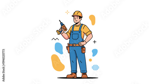 Professional male construction worker in blue overalls and yellow hard hat holding a power drill for home renovation and industry concepts.