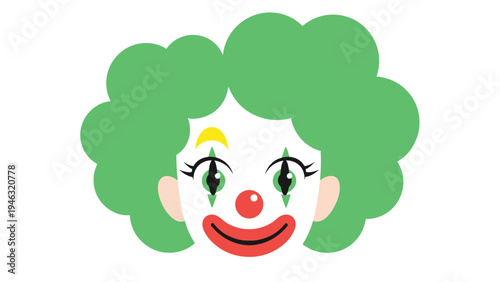 Cheerful clown face with bright green curly hair and classic makeup isolated on a white background for circus and entertainment themes.