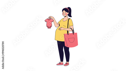 Happy pregnant woman holding a small pink baby outfit while carrying a large shopping bag for maternity and new baby preparation concepts.