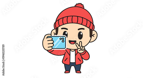 Cartoon boy taking selfie, vector illustration, flat design, social media, profile picture