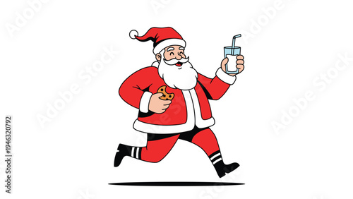 Santa Claus running happily while holding a chocolate chip cookie and a glass of milk with a straw for Christmas eve holiday traditions.