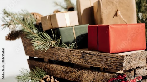 Rustic Wooden Holiday Sleigh Filled with Christmas Presents.