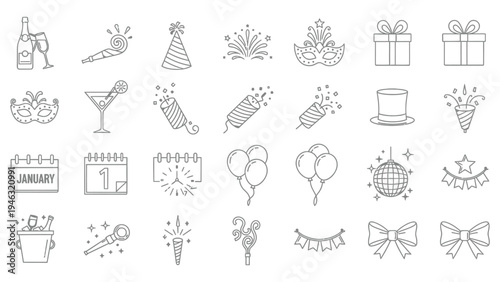 Collection of detailed outline icons for New Year's Eve and festive party celebration vector designs.