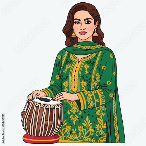 Indian woman in green ethnic dress playing tabla percussion instrument
