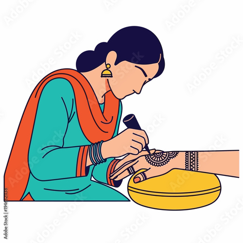 Woman applying henna mehndi art on hand during traditional pakistani wedding ceremony