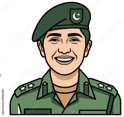 Smiling female army officer in green military uniform and beret representing pakistani defense forces