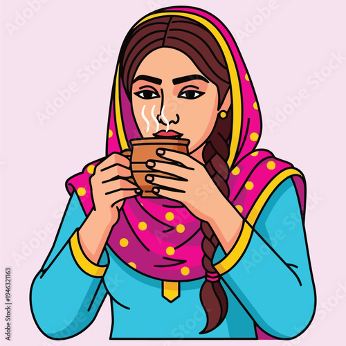 Young south asian woman in traditional dupatta drinking hot tea from clay cup