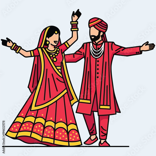 Happy pakistani bride and groom dancing in traditional red wedding attire at celebration