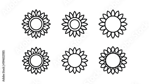 Simple line art vector illustration of six stylized sunflower or sun icons in a grid pattern.