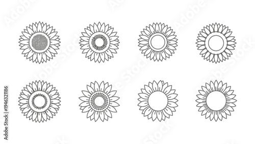 Collection of eight distinct black outline vector graphic illustrations depicting various sunflower designs