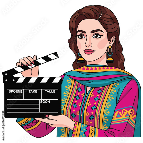 Beautiful indian woman holding a film clapperboard in a cartoon style illustration
