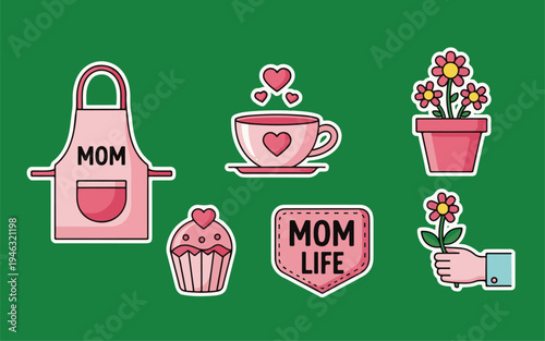 Mother's Day Sticker Set with Pink Apron, Cupcake, Coffee, and Flowers, Cute Mom Life Vector Illustration for Greeting Cards and Social Media on Dark Green Background.
