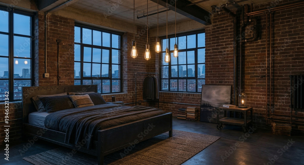 Fototapeta premium Urban loft bedroom with metal bed frame, exposed pipes, large factory windows